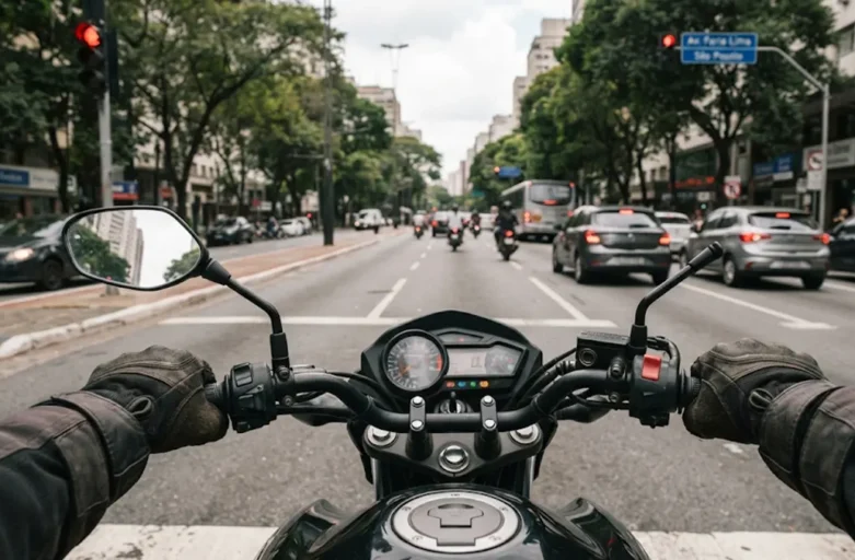 Visão em primeira pessoa de um motociclista no trânsito de São Paulo, focando no painel da moto com o indicador de farol apagado.