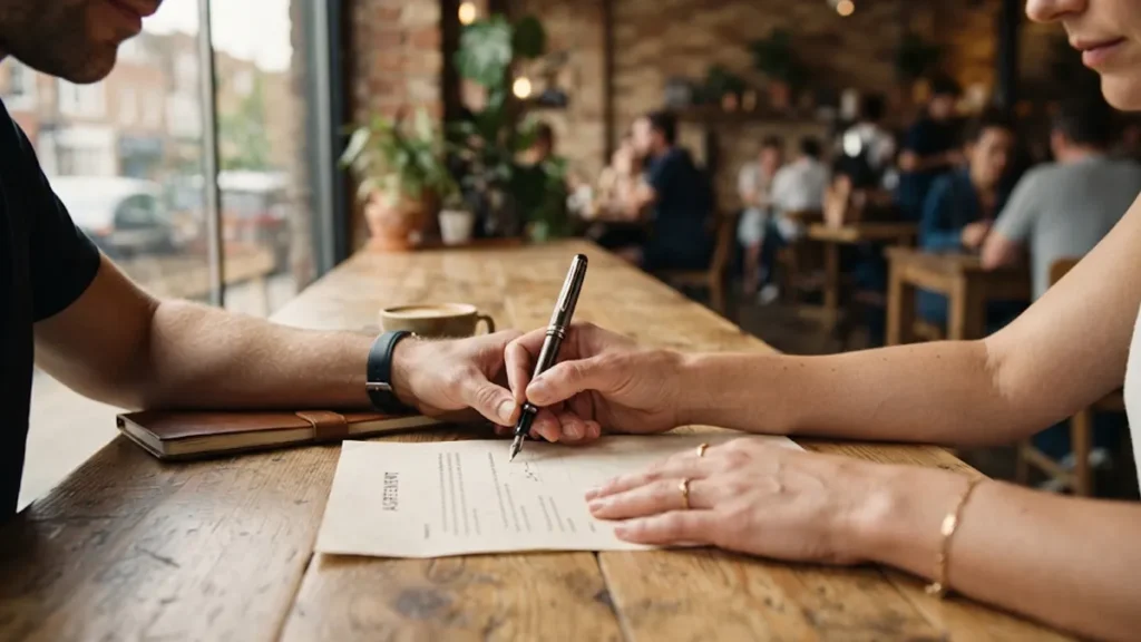Mãos de duas pessoas assinando um contrato de compra e venda sobre a mesa de uma cafeteria, representando a transferência de propriedade de um bem.
