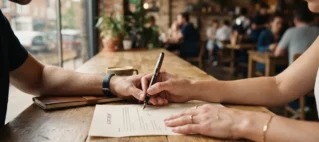 Mãos de duas pessoas assinando um contrato de compra e venda sobre a mesa de uma cafeteria, representando a transferência de propriedade de um bem.