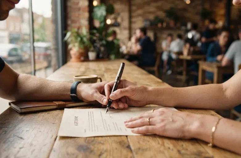 Mãos de duas pessoas assinando um contrato de compra e venda sobre a mesa de uma cafeteria, representando a transferência de propriedade de um bem.