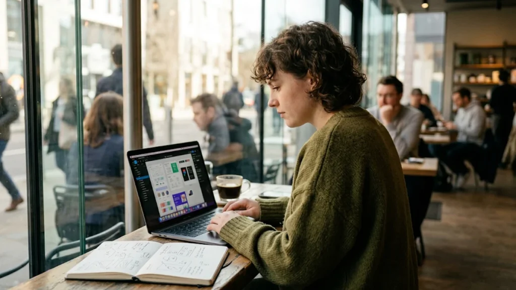Profissional criativo trabalhando focado em um notebook com telas de design em um café moderno com iluminação natural.
