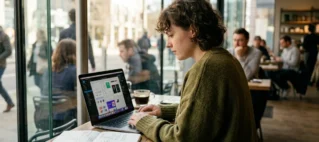 Profissional criativo trabalhando focado em um notebook com telas de design em um café moderno com iluminação natural.