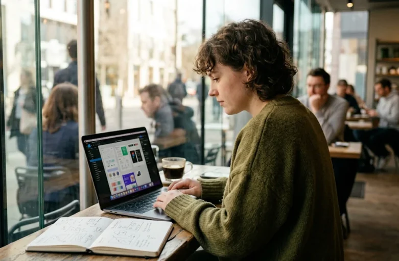 Profissional criativo trabalhando focado em um notebook com telas de design em um café moderno com iluminação natural.