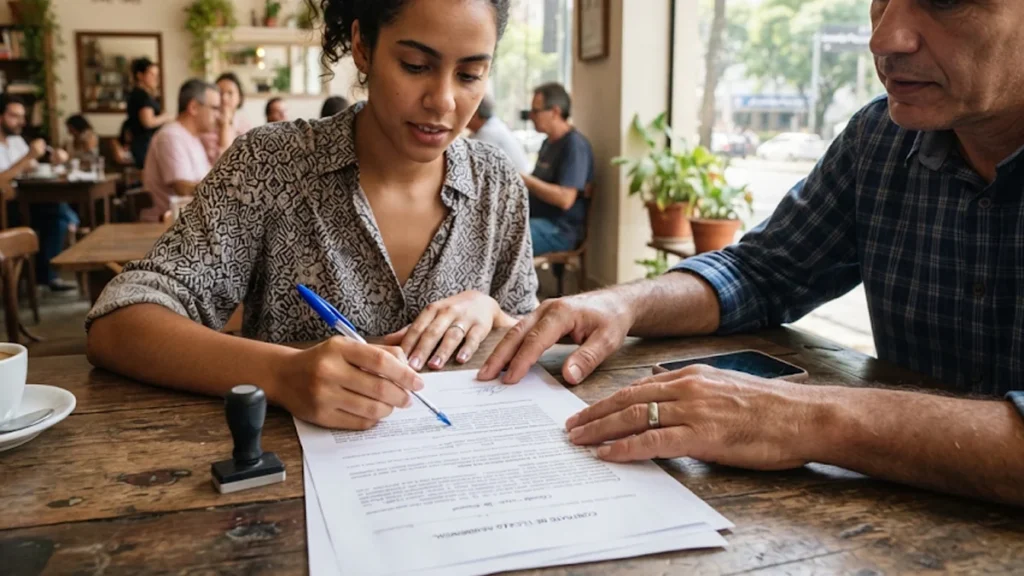 Proprietário e inquilino analisando atentamente as cláusulas de um contrato de locação em São Paulo.