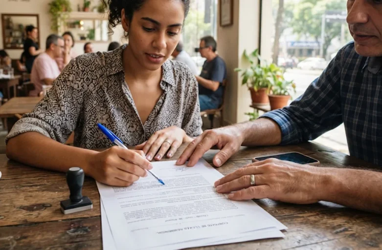 Proprietário e inquilino analisando atentamente as cláusulas de um contrato de locação em São Paulo.